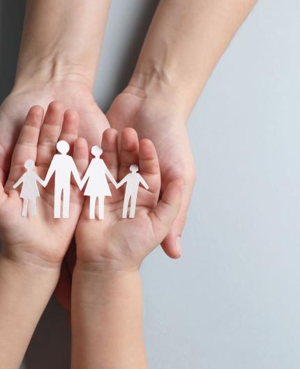 Proteção social: mãos com uma família em papel